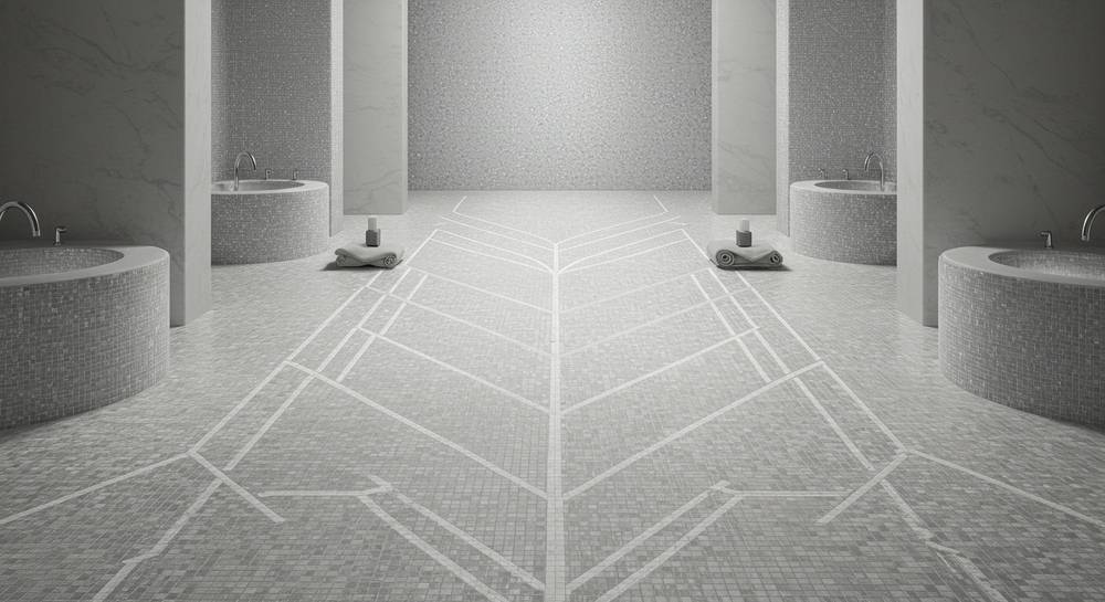 Elegant minimalist spa floor mosaic featuring a subtle Art Deco geometric pattern in a soothing monochromatic envelope for serene ambiance.