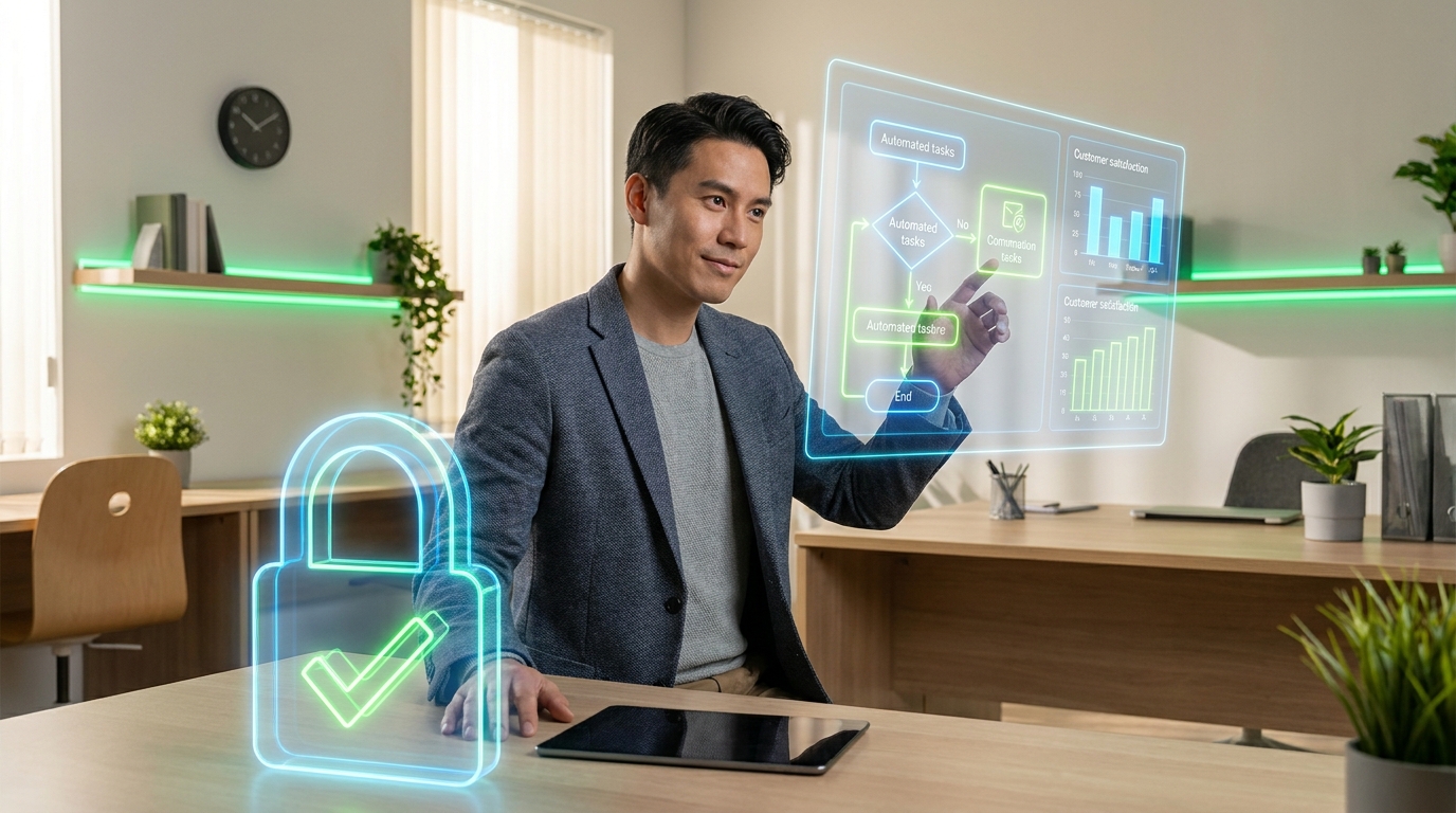 Small business owner confidently managing AI-powered workflow automation and customer service with OpenAI Presence, highlighting security and efficiency.