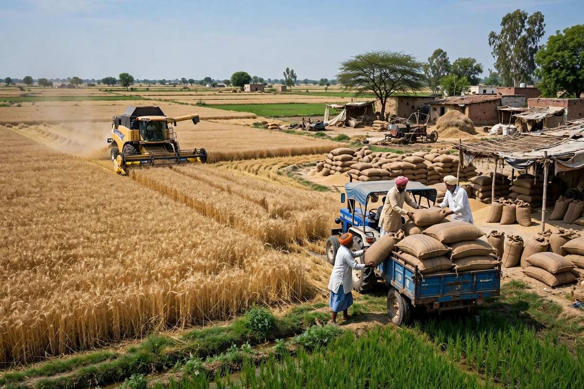 हरियाणा में सुनहरे खेत में कंबाइन हार्वेस्टर और अनाज की बोरियां भरता किसान