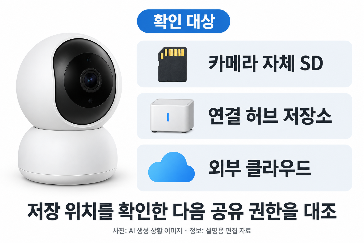 무브랜드 카메라 사진과 세 저장 위치를 크게: 카메라 자체 SD / 연결 허브 저장소 / 외부 클라우드. 각 위치는 확인 대상이며 세 저장방식이 모두 제공된다고 암시하지 않기. 기존 빈 상자 제거. 저장 위치를 확인한 다음 공유 권한을 대조한다는 한 줄.