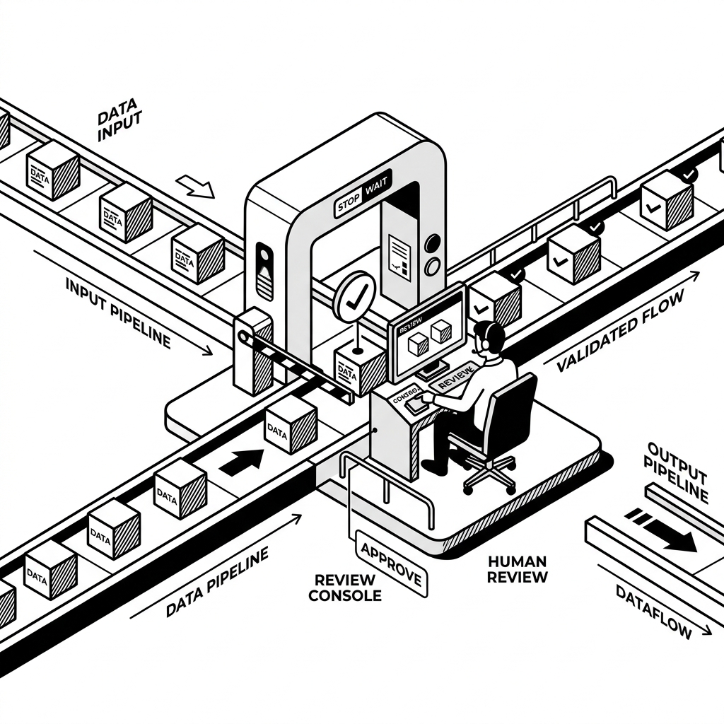 3d vector isometric illustration of an approval gate or security checkpoint in a data pipeline, black and white line art