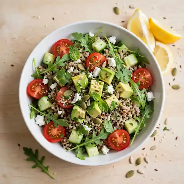 Salade zen au quinoa avec avocat, tomates cerises, concombre, feta, roquette et herbes fraîches menthe et coriandre - DietNutriZen