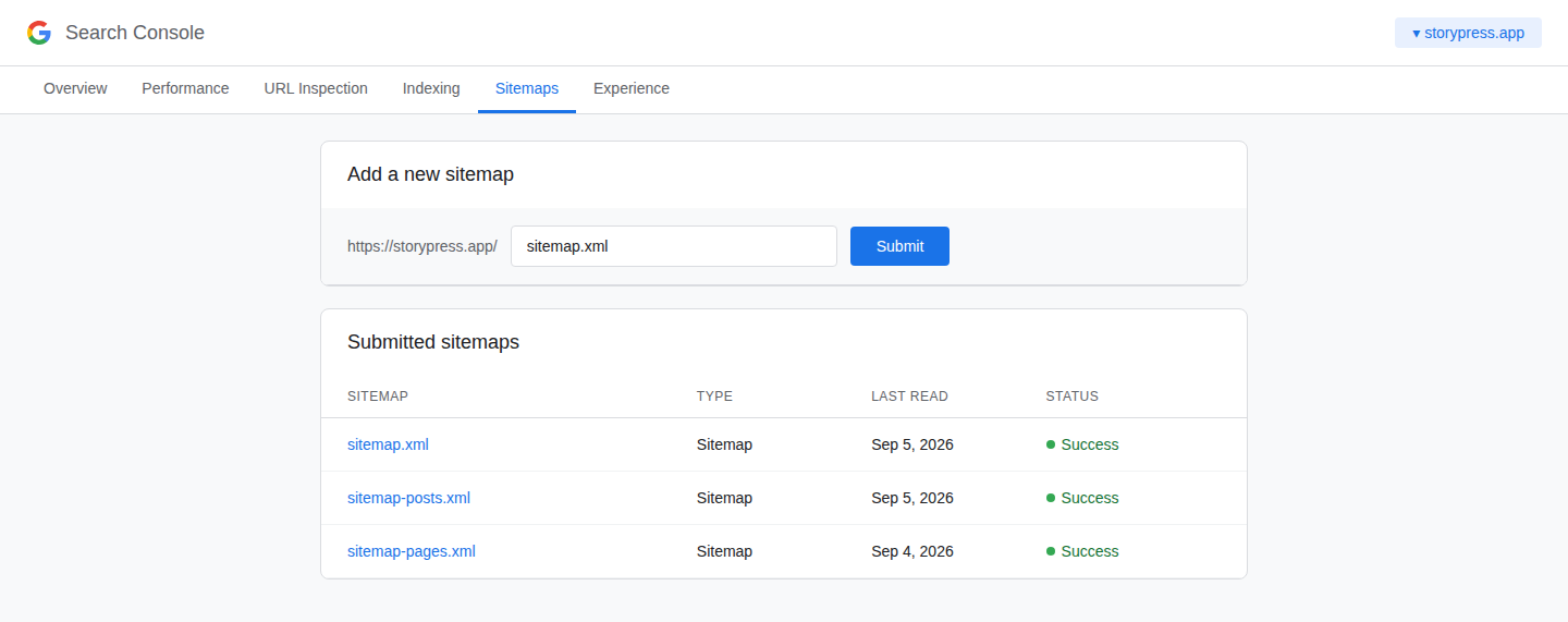 Google Search Console sitemaps page showing submitted sitemaps with success status