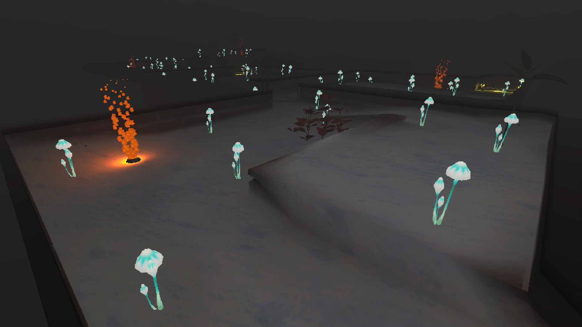A brick-lined room with a ramp, fire geyser and dead figwort.