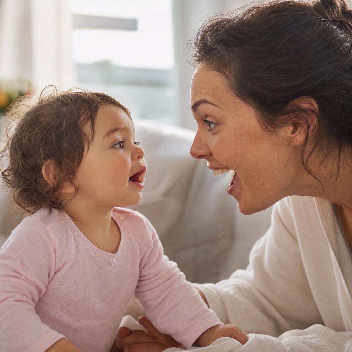 A toddler mid-word, face to face with his beaming mom