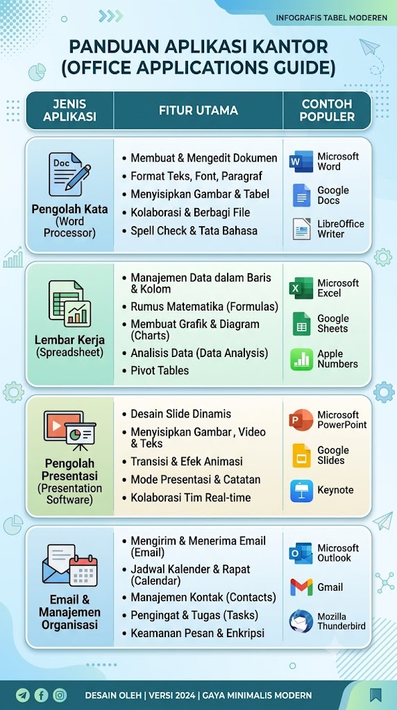 Infografis panduan aplikasi kantor, fitur utama, dan contoh aplikasi populer