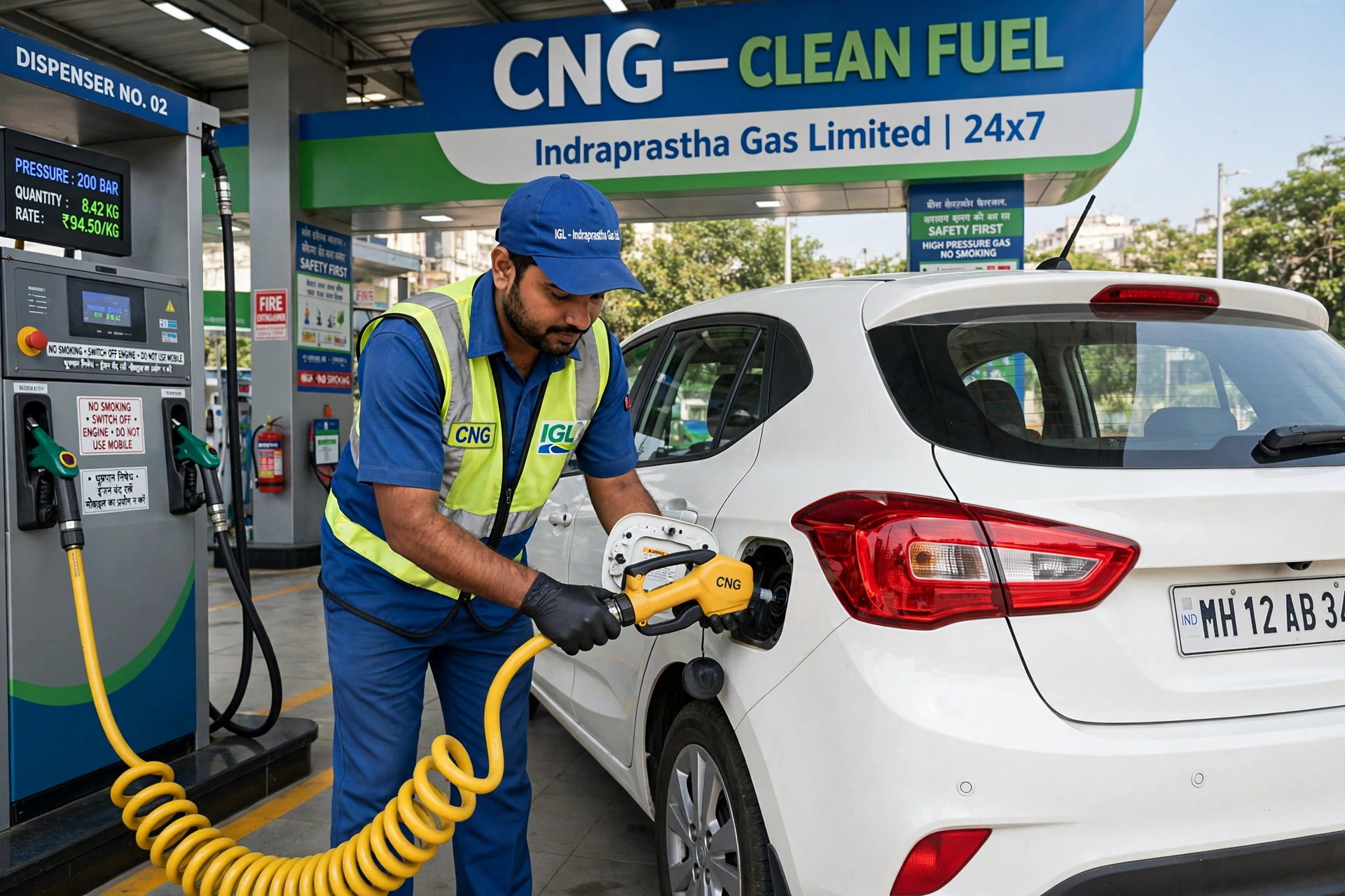 CNG refuelling nozzle connected to a car — best CNG station in Ahmedpur, Maharashtra
