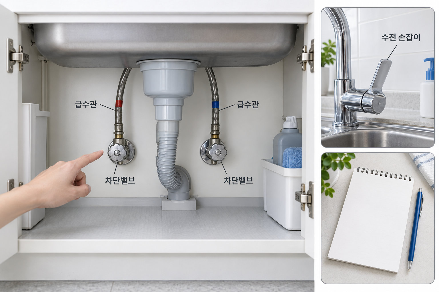 주방 싱크대 아래 급수 차단밸브 위치와 온수·냉수별 증상을 기록하는 설명 장면