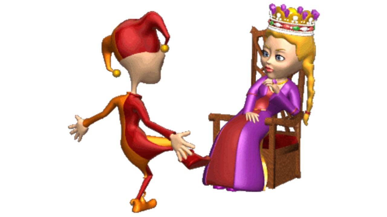 A 3D-animated court jester dancing in front of a queen as she watches with a bored expression (description taken from Know Your Meme)