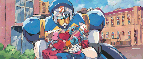 A robot holding a bounty of received chocolates.