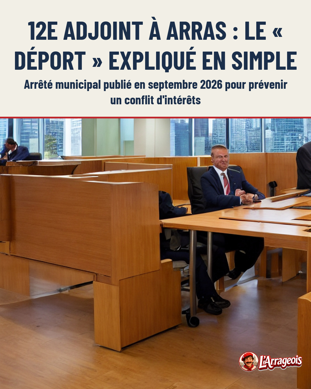 Un homme en costume assis dans un bureau moderne avec des bureaux en bois et une vue sur une ville.