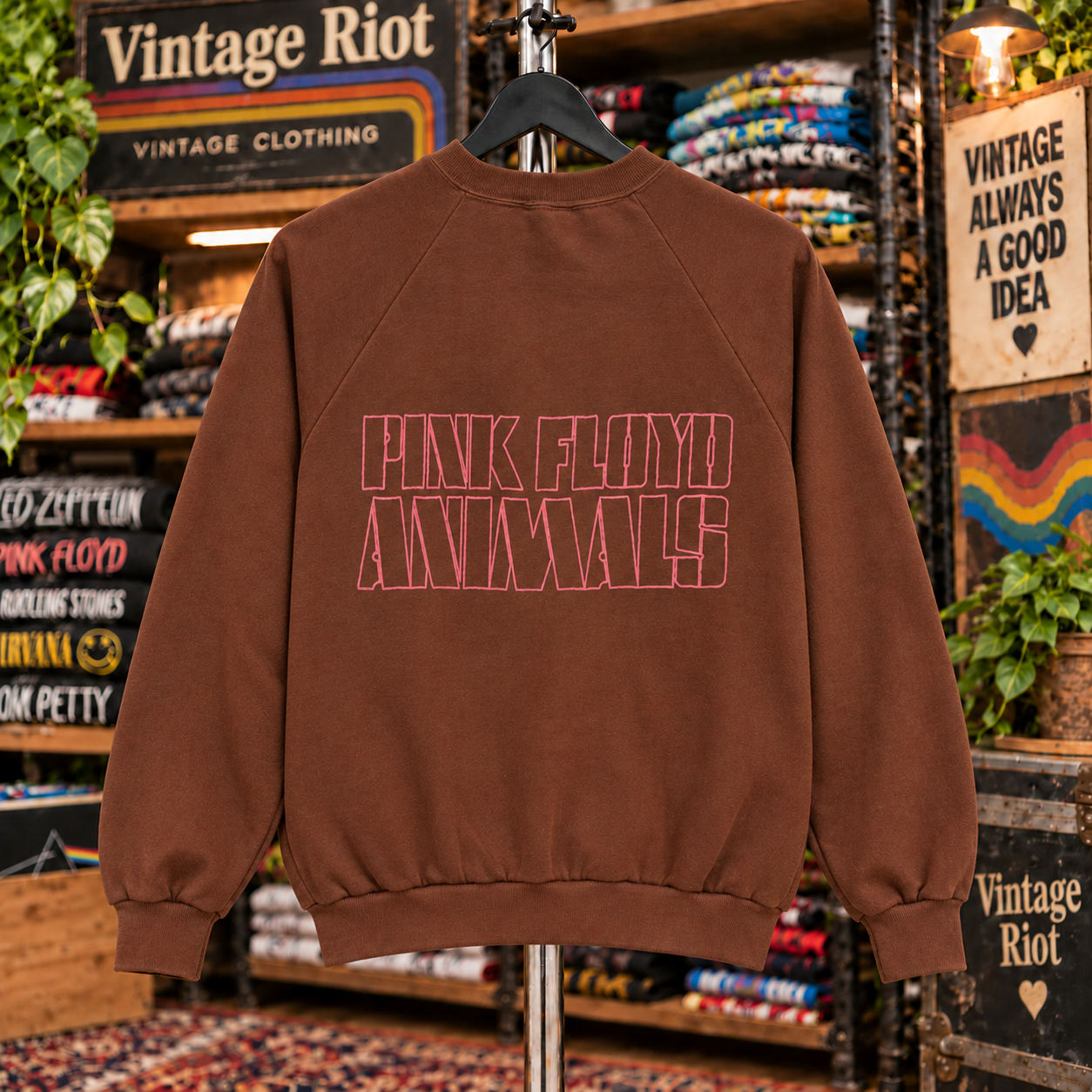 Back view of the brown Pink Floyd Animals retro sweatshirt with pink outline lettering