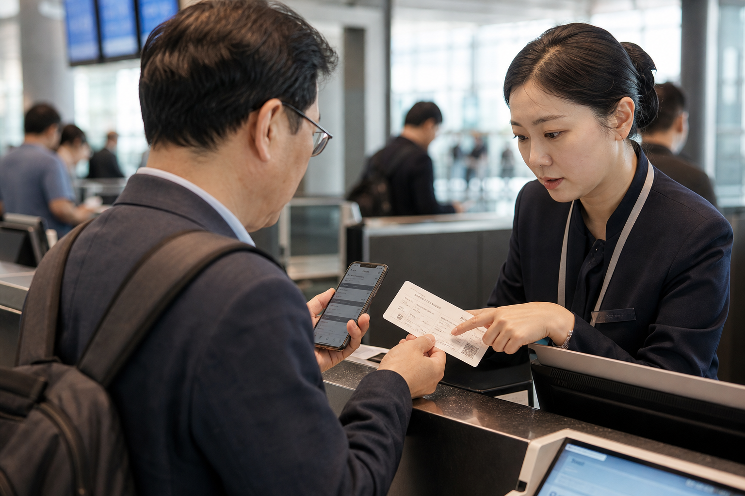 공항 항공사 카운터에서 환불과 대체편을 확인하는 승객