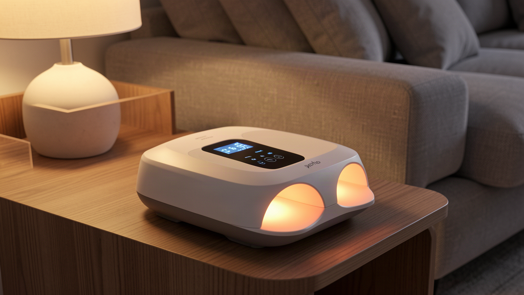 Renpho heated foot massager machine with app control on a side table