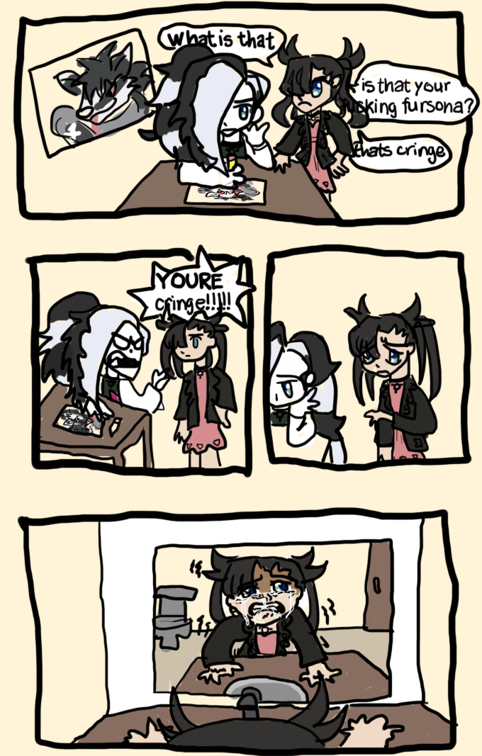 poorly drawn digital comic featuring marnie and piers from pokemon in an anime style. marnie looks at piers drawing an anime style obstagoon and snaps at him. piers snaps back at marnie and she begins to cry. in the final panel she is hysterically crying in front of a bathroom mirror.