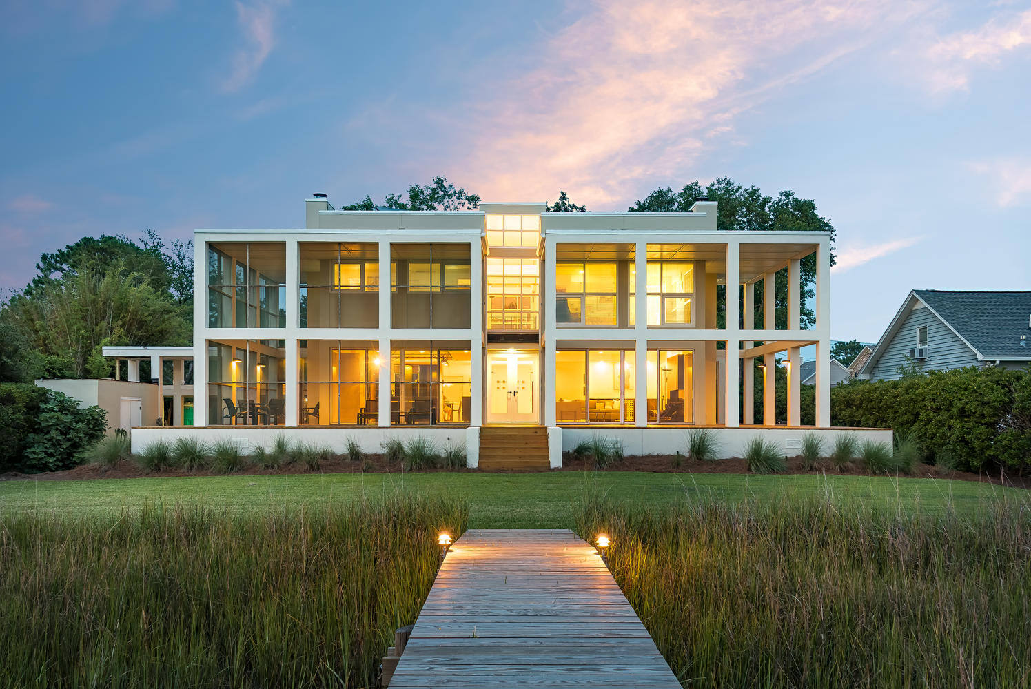 Modern architectural exterior at twilight, Charleston