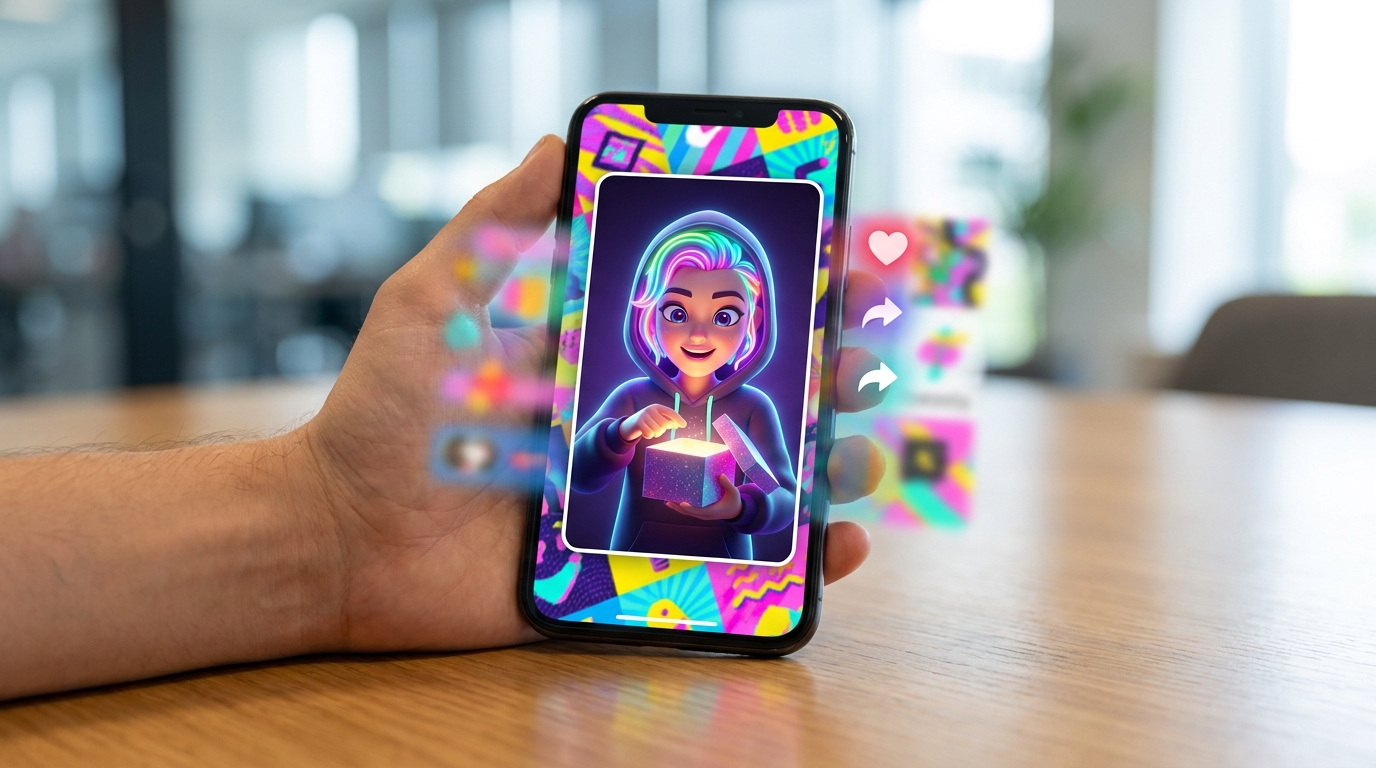 AI UGC ad playing on a smartphone, integrated into a social media feed, showing an AI avatar unboxing a product.