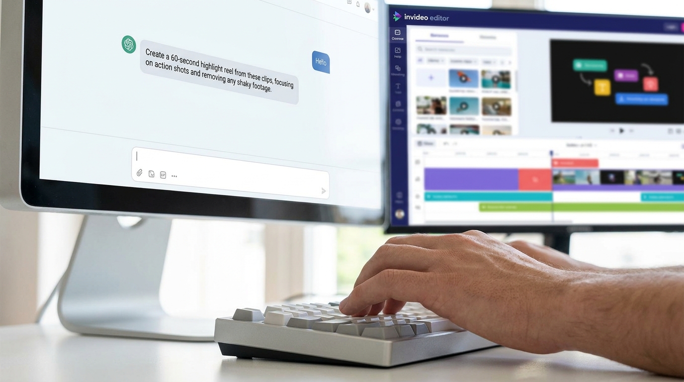 User giving AI agent instructions for video editing with invideo MCP