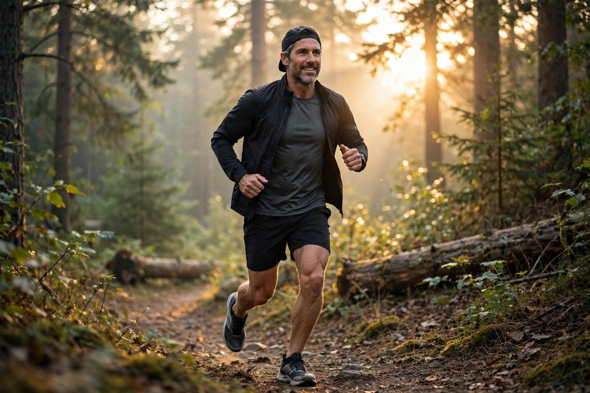 Active man in his forties jogging at sunrise, Spartamax vitality lifestyle