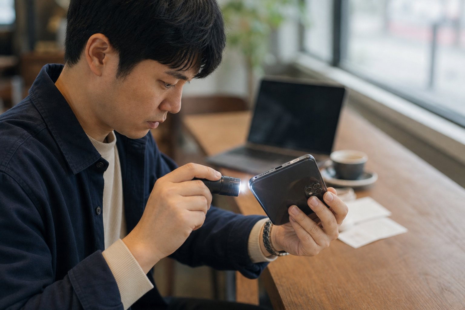 중고 스마트폰 화면과 카메라, 충전 단자를 점검하는 모습