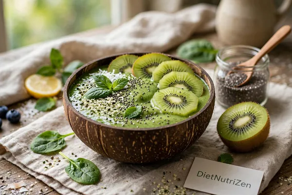 Smoothie énergie boost onctueux dans un grand verre avec banane, lait d'amande, beurre de cacahuète et glaçons - DietNutriZen