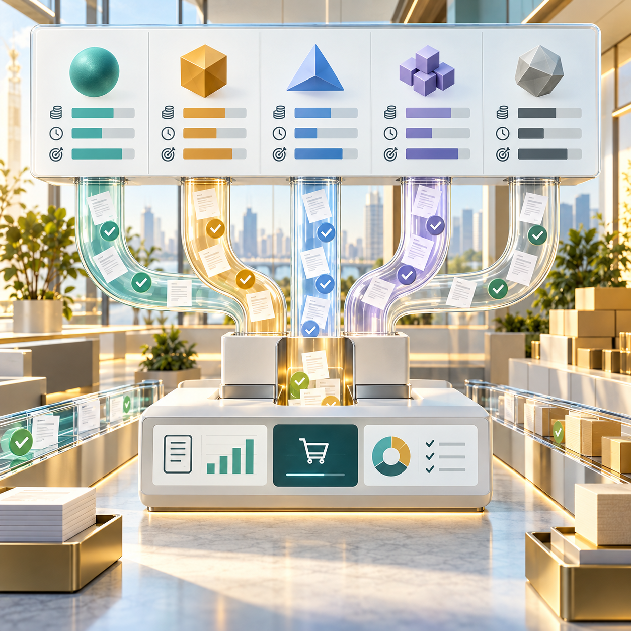 Editorial illustration: model-routing procurement dashboard
