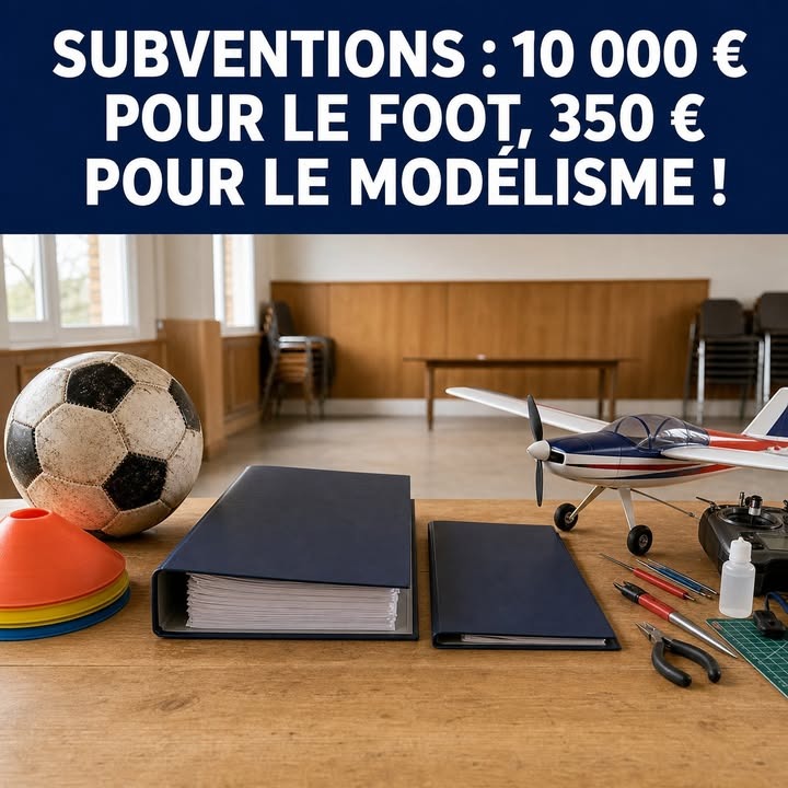 Sur une table en bois, un ballon de football usé, des cône de couleur, des classeurs, un petit avion en plastique et des outils de bricolage.