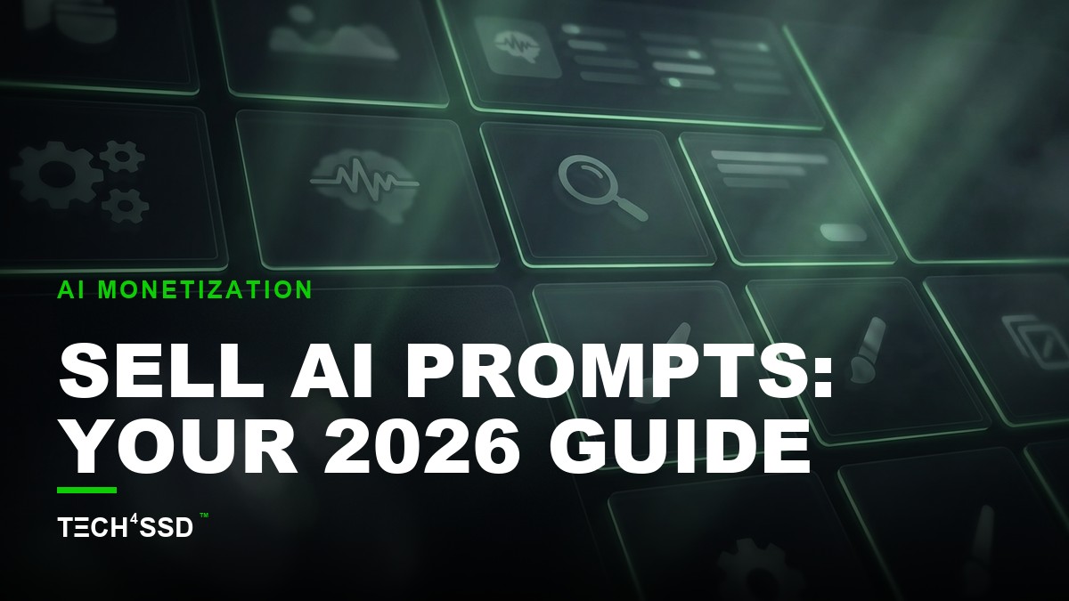 Stylized digital marketplace interface displaying various AI prompt packages with clear, niche-specific titles, against a dark, moody background with subtle neon-green accent lighting, perfect for selling AI prompts.