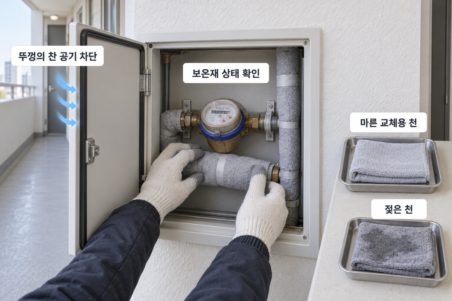 계량기함의 마른 보온재와 젖은 보온재 교체 필요를 살피는 설명 장면