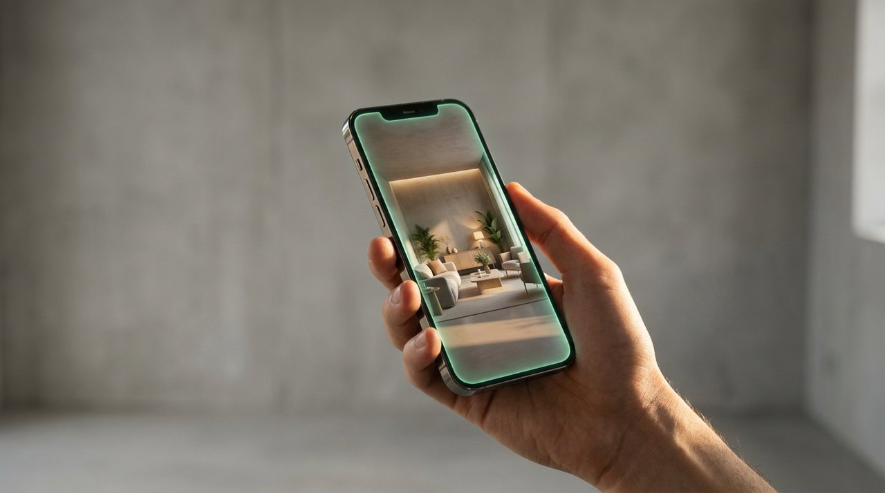 A phone photographing a bland room and showing it redesigned on screen