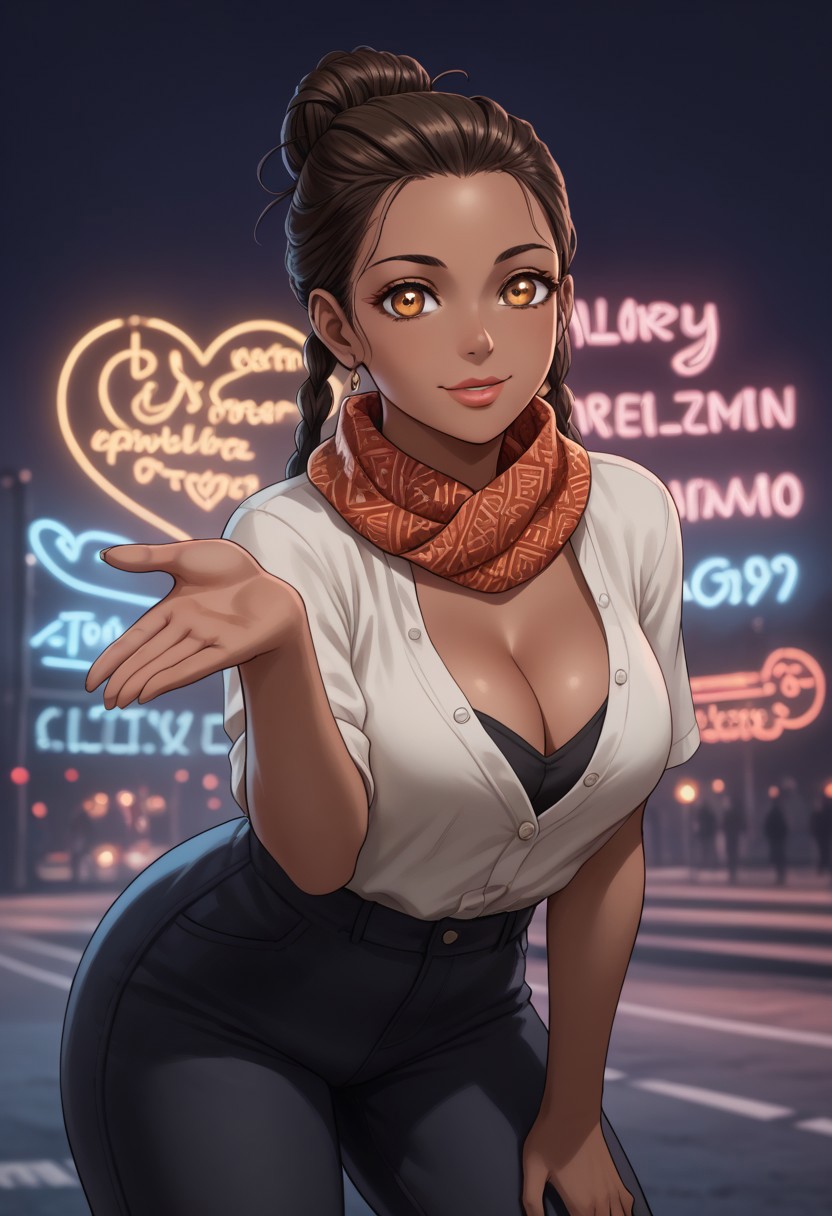 Haruka is wearing high-waisted jeans, black crop top under a white blouse, sneakers and an Afrocentric scarf