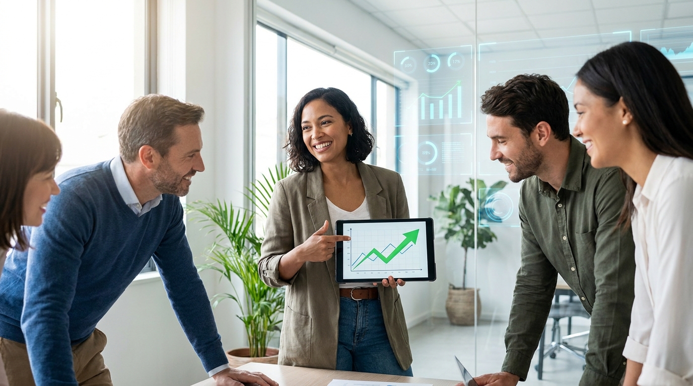 Smiling small business owner presenting a growth chart on a tablet, with a team watching. AI agents for small business helping scale operations.