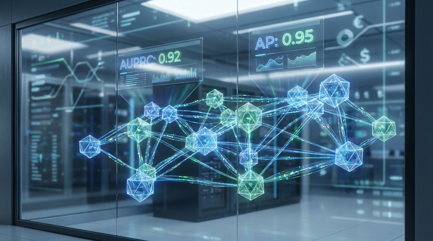 NVIDIA Kumo Tabular graph neural network visualizing data flow and performance metrics like AUPRC and AP for fraud detection.