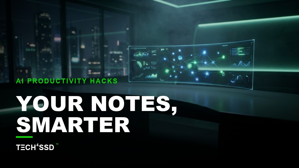 futuristic digital interface with glowing lines connecting brain-like nodes, representing AI note-taking apps and actionable insights