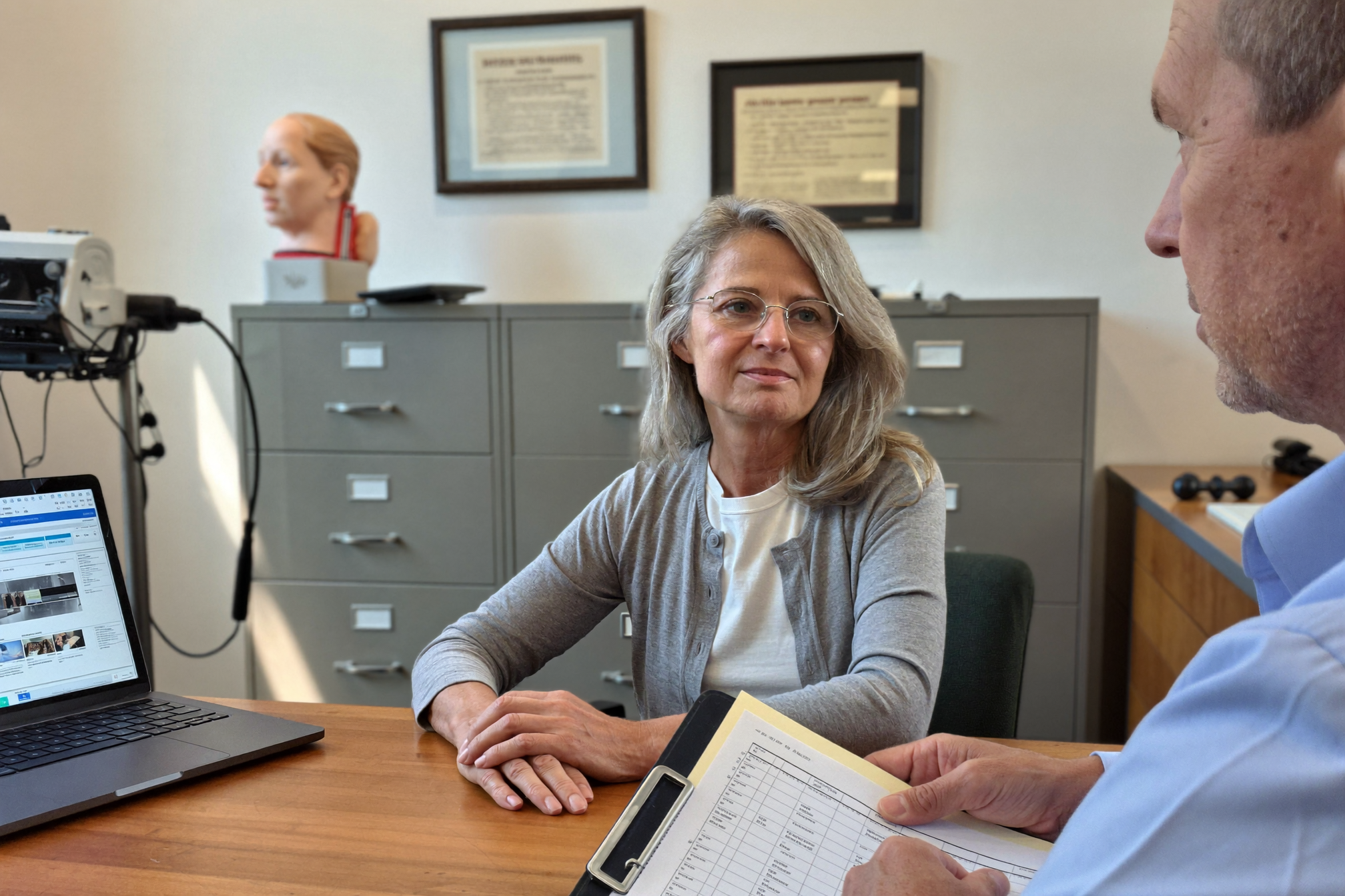 A woman in her fifties sitting across from a doctor at a wooden desk in a bright audiology office.