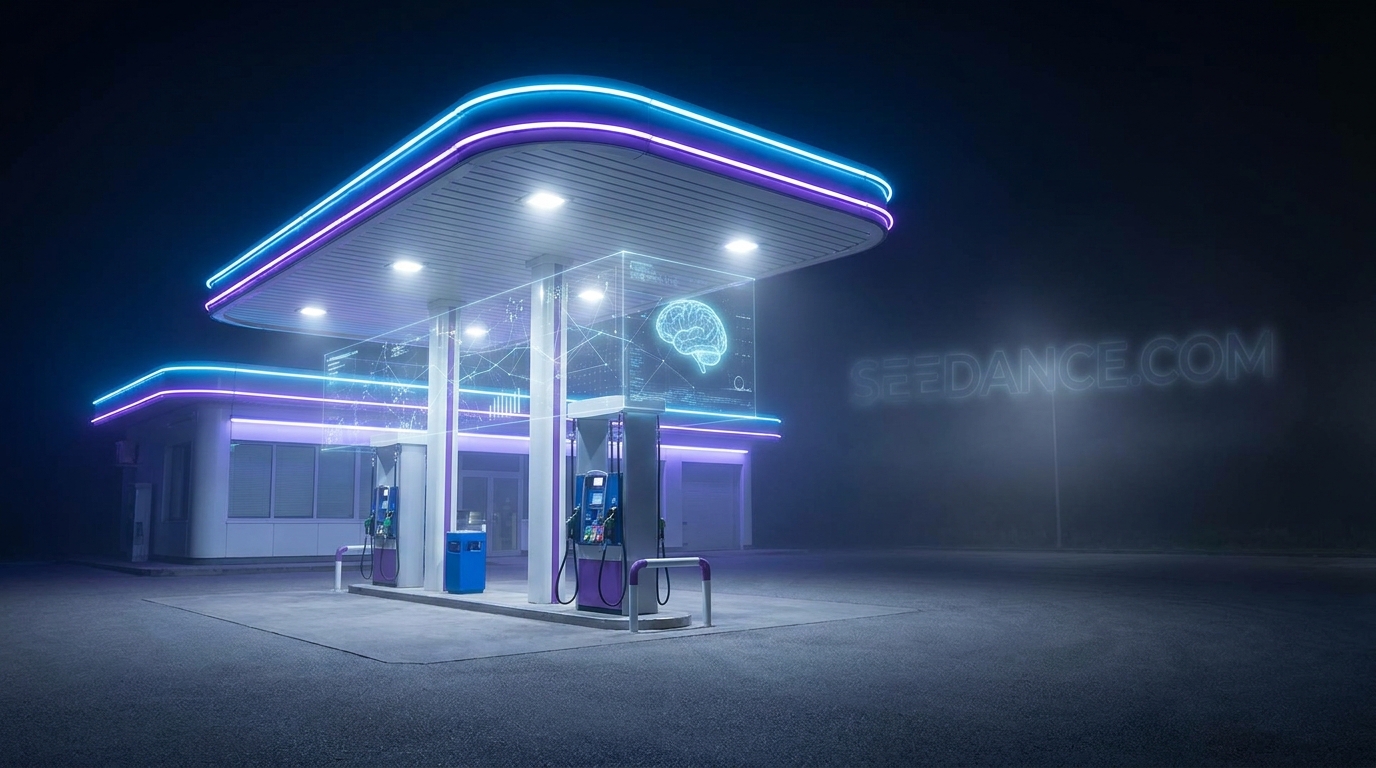 Empty futuristic gas station with AI interface overlay, symbolizing the need for precise AI tool usage.