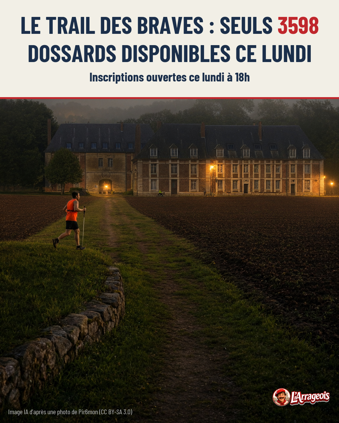 Un coureur en tenue orange suit une allée de terre menant vers un grand château illuminé au crépuscule, bordée d'un mur de pierres.