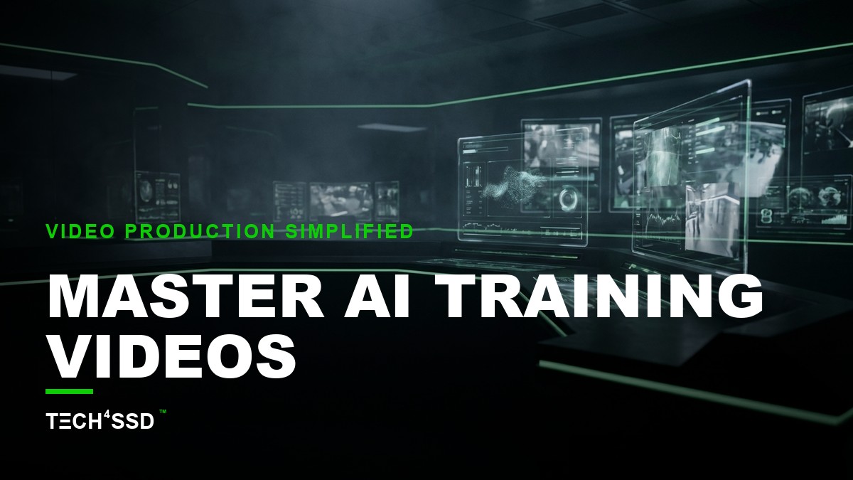 An AI avatar presenting a dynamic training video on a large screen, with smaller screens showing Google Slides presentations and product demos, all connected by glowing lines representing AI processing for AI training videos.