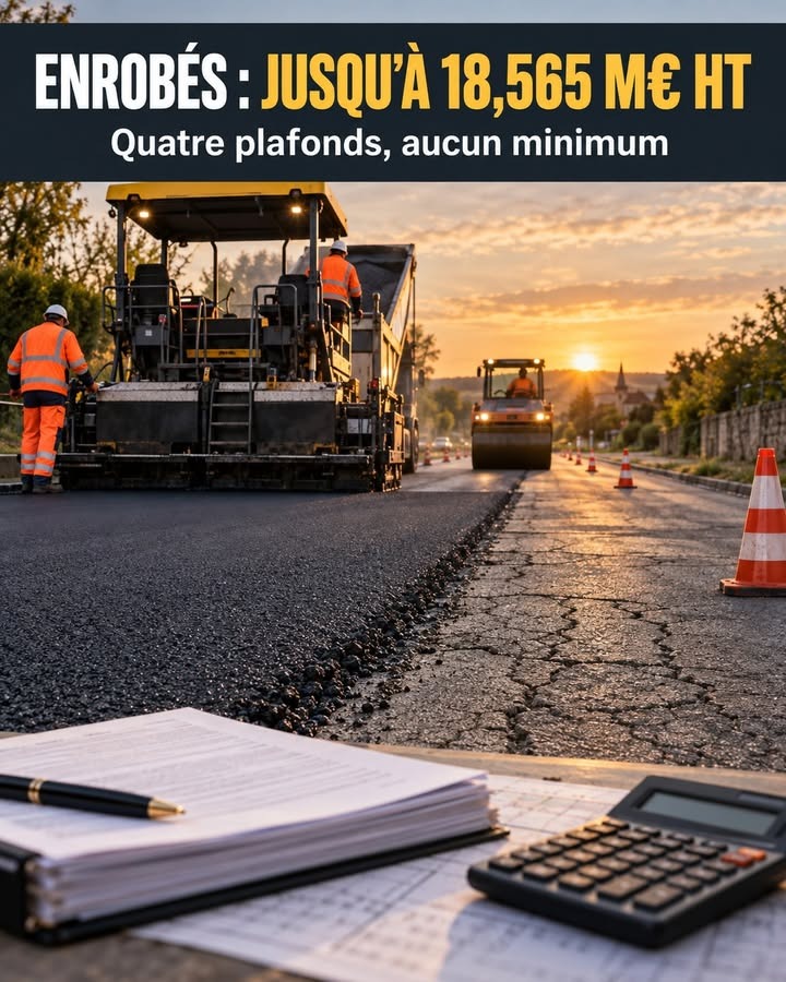 Une scène de chantier routier au coucher du soleil avec des engins de compactage, des ouvriers en tenue de sécurité et des cônes, surmontée d'un premier plan avec un carnet, un stylo et une calculatrice.