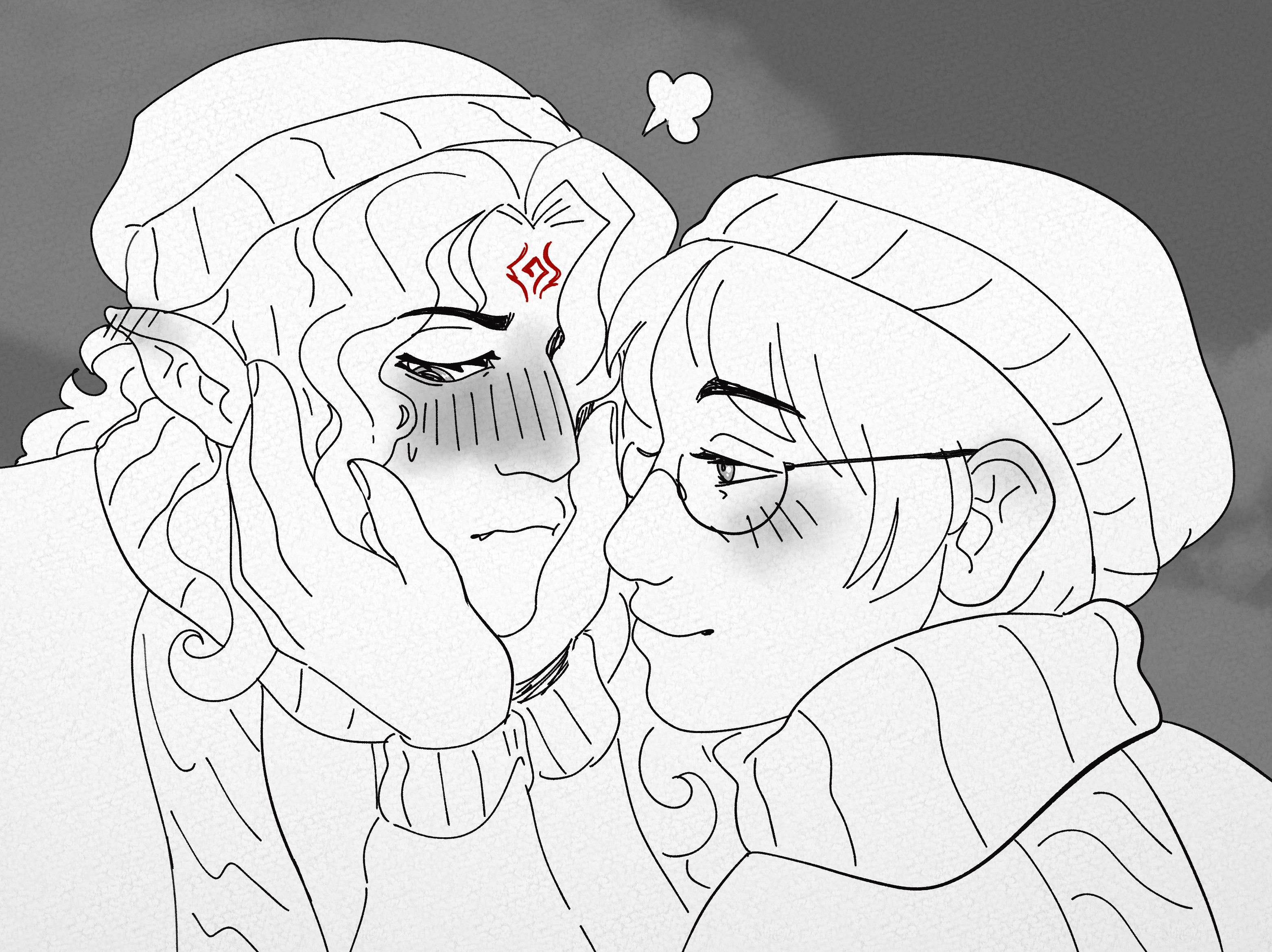 Shen yuan cupping bingge's face, both bundled in winter clothing