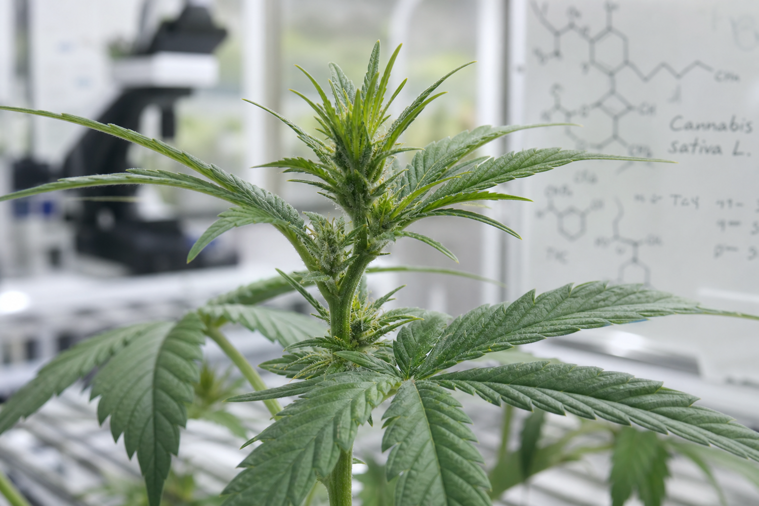 Junge Cannabis-Pflanze mit Trichom-Entwicklung auf Blütenständen — Biosynthese von Flavonoiden wie Cannflavin A und B