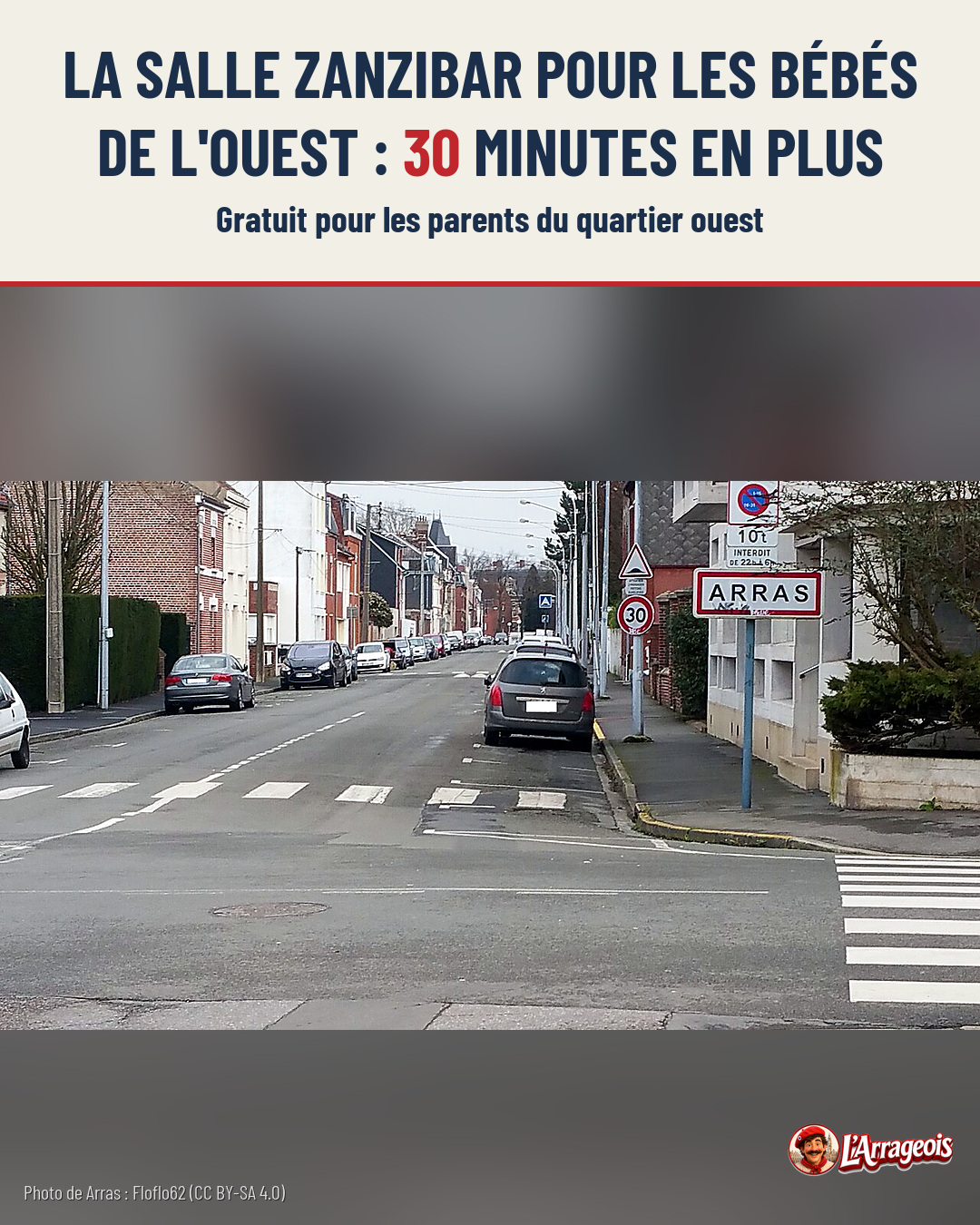 Rue résidentielle d'Arras avec voitures garées, panneaux de signalisation et maisons en brique sous un ciel nuageux.
