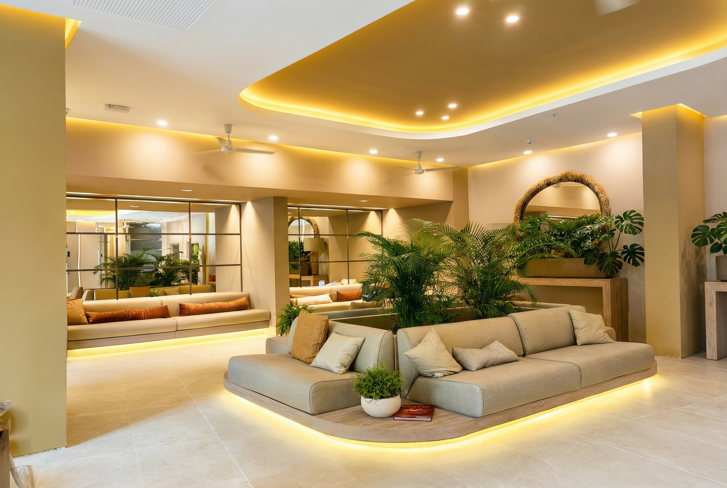 Lobby del edificio con sofás y plantas tropicales