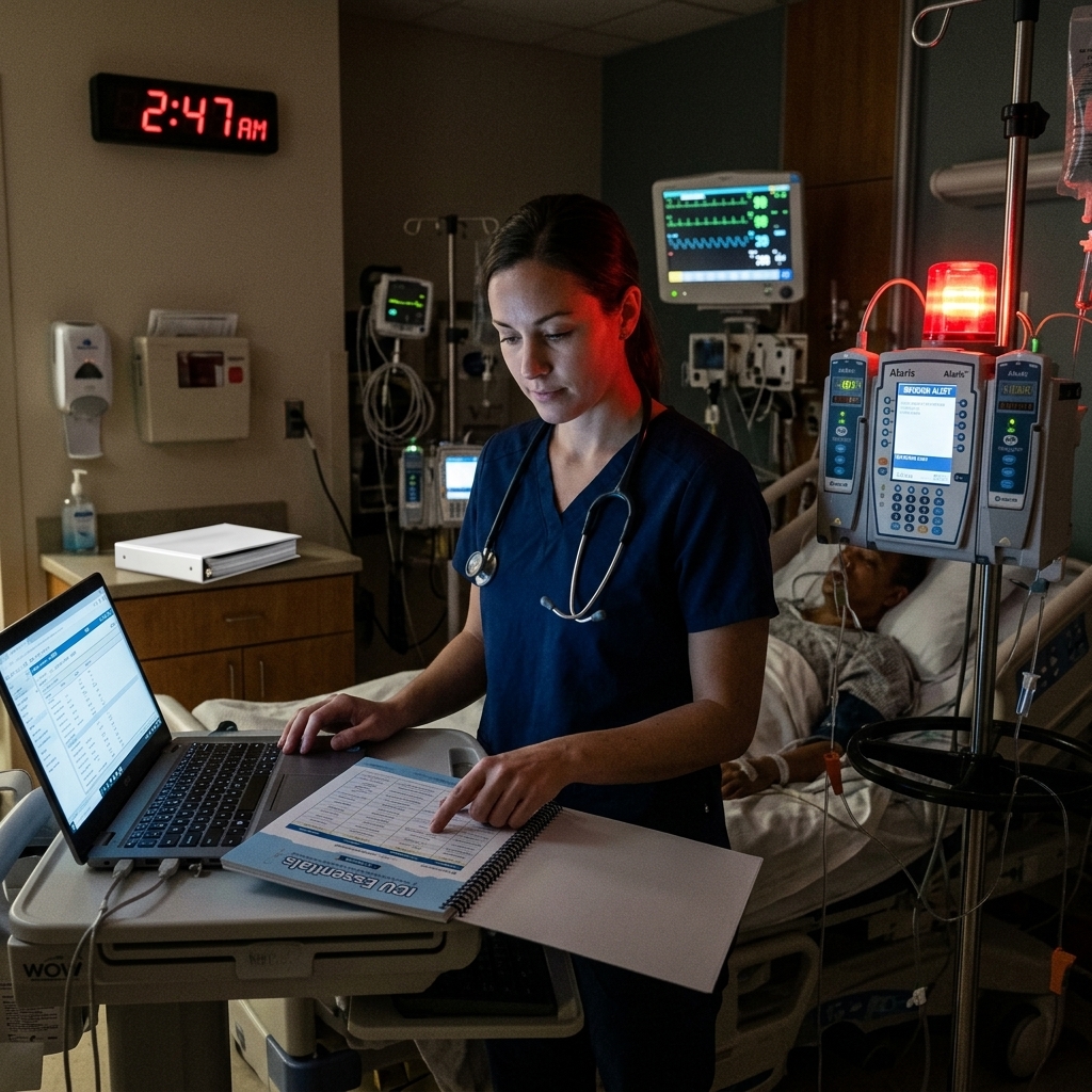 ICU nurse 2:47am alarm looking at book flat open