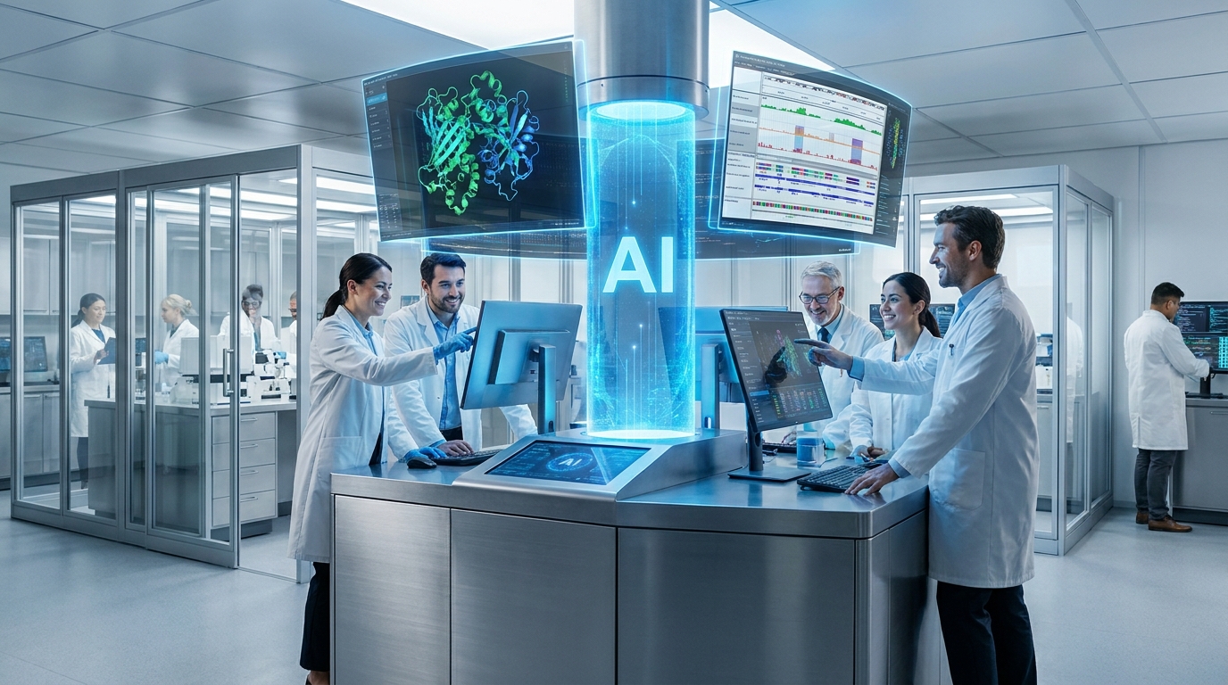 Scientists collaborating in a futuristic lab, viewing 3D protein structures and genome browser tracks on holographic displays powered by Claude Science AI.