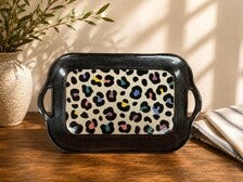 Hand-built tray with a hand-painted leopard print design.