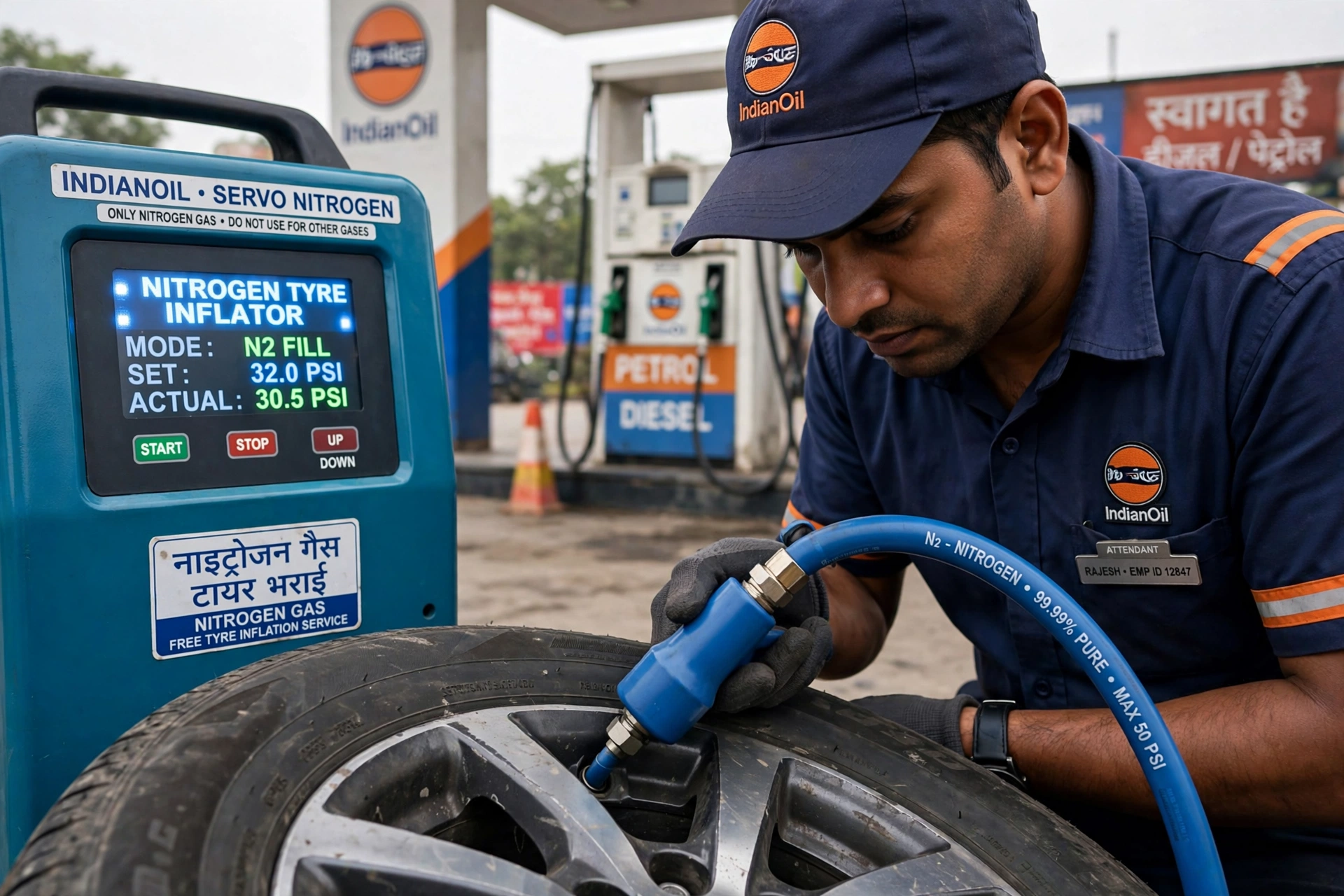 Nitrogen gas filling hose and dispenser at Tatya Petroleum Ahmedpur