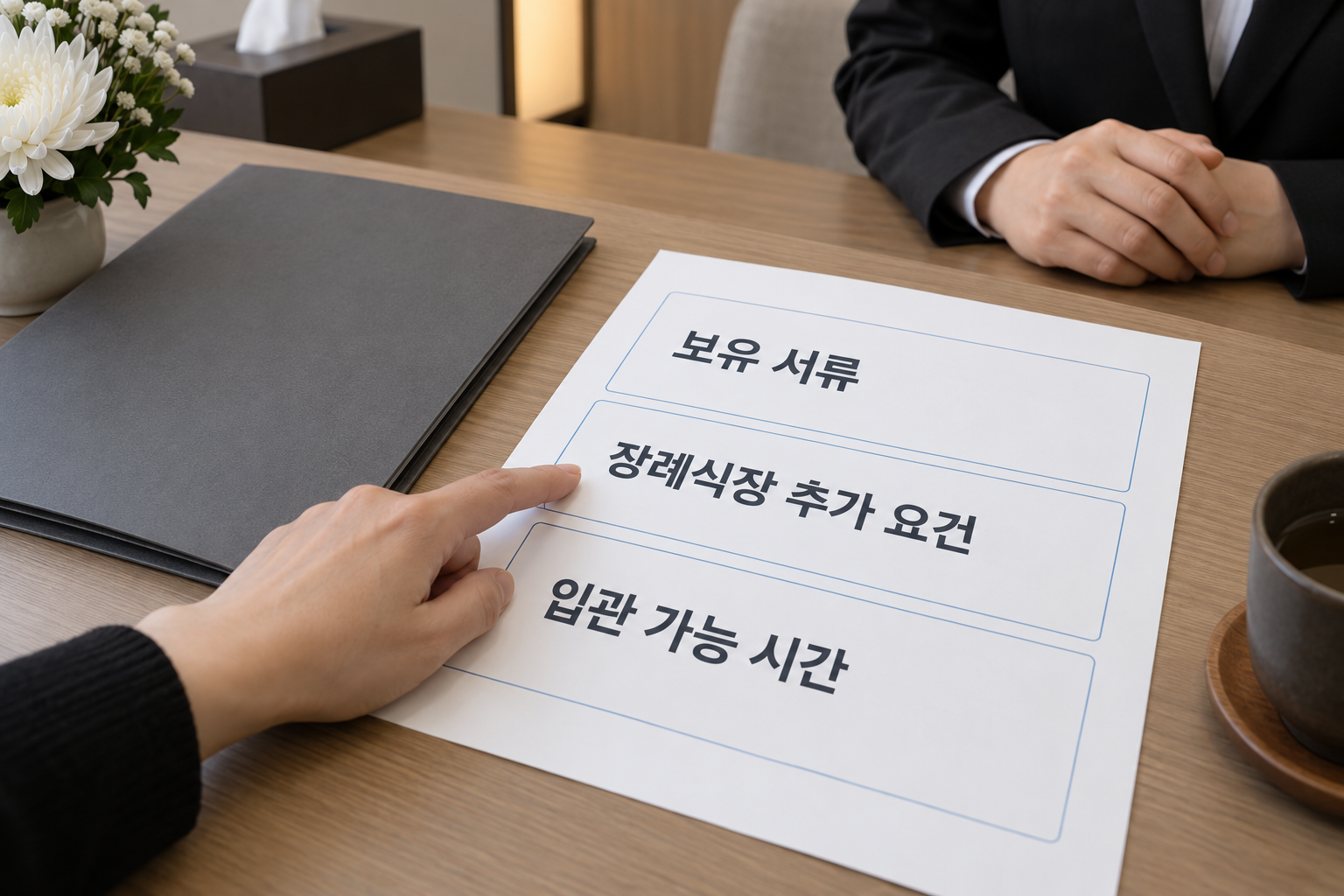 보유 서류와 추가 제출 요건을 장례식장에 따로 확인하는 AI 설명용 장면