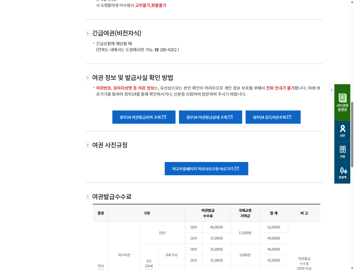 발급 이력·발급 상태 조회와 여권번호 전화 안내 제한을 구분한 군산시 안내