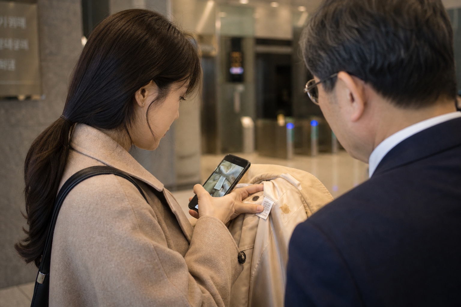코트를 맡기기 전 얼룩과 품질표시를 휴대전화로 기록하는 장면